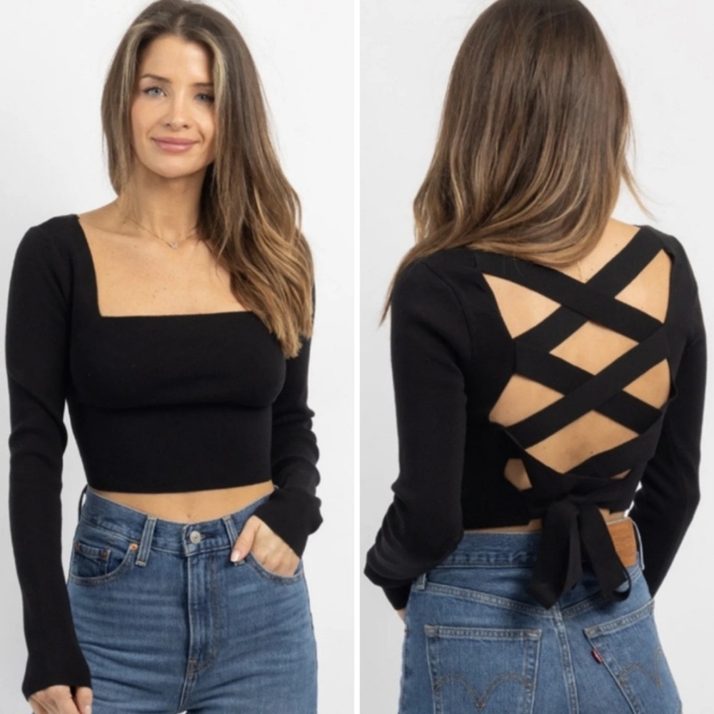 Le Lis Black Crisscross Back Crop Top large NWT